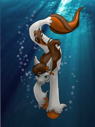 Size: 1200x1600 | Tagged: safe, artist:flyershoe22, imported from derpibooru, oc, oc only, seapony (g4), bubble, crepuscular rays, dorsal fin, fish tail, flowing mane, green eyes, looking down, ocean, solo, sunlight, swimming, tail, underwater, unshorn fetlocks, water