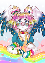 Size: 1500x2100 | Tagged: safe, artist:derrorro, imported from derpibooru, oc, oc only, pegasus, pony, bandage, bandaid, bandaid on nose, collar, commission, crying, jewelry, multicolored hair, necklace, rainbow, rainbow hair, solo, ych result