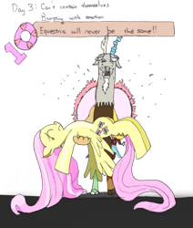 Size: 1280x1506 | Tagged: safe, artist:addelum, imported from derpibooru, discord, fluttershy, draconequus, pegasus, pony, atg 2021, bridal carry, carrying, crying, dc comics, duo, female, holding a pony, implied death, limp, male, newbie artist training grounds, simple background, transparent background