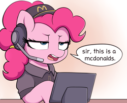 Size: 2700x2197 | Tagged: safe, artist:moozua, imported from derpibooru, pinkie pie, earth pony, pony, cap, clothes, dialogue, female, frown, hat, headset, high res, lidded eyes, mare, mcdonald's, meme, open mouth, pickles, pink fur, pink mane, pinkie pie is not amused, reference, shirt, solo, speech bubble, spongebob in the comments, spongebob reference, spongebob squarepants, squidward tentacles, talking, text, unamused, visor cap, working