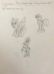 Size: 1222x1683 | Tagged: safe, artist:addelum, imported from derpibooru, twilight sparkle, alicorn, butterfly, keldeo, unicorn, atg 2021, monochrome, newbie artist training grounds, pencil drawing, pokémon, traditional art, twilight sparkle (alicorn), unicorn twilight