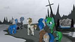 Size: 1920x1080 | Tagged: safe, artist:willoillo, imported from derpibooru, oc, oc only, oc:moonlight grimoire, oc:ocean spray, oc:riptide, oc:silaha, oc:winterwatch, earth pony, kelpie, pony, unicorn, zebra, fallout equestria, commission, cover art, earth pony oc, fallout equestria: ranger of seamane, horn, kelpie oc, unicorn oc, zebra oc