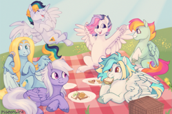 Size: 1045x689 | Tagged: safe, artist:pigeorgien, imported from derpibooru, oc, oc only, oc:airy sweetness, oc:cloud beam, oc:dazzleflash, oc:minty drop, oc:puzzle breaker, oc:sunny funny, pegasus, pony, commission, eating, female, flower field, flying, food, friends, group, herbivore, laughing, lying down, mare, open mouth, picnic, pizza, plate, plates, prone, sandwich, sitting, smiling, spread wings, wings