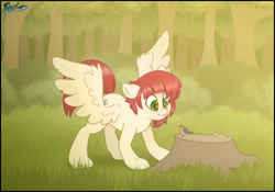 Size: 5000x3500 | Tagged: safe, artist:fluffyxai, imported from derpibooru, oc, oc only, oc:lexis arc, bird, bird pone, pegasus, pony, robin (bird), bent legs, bent over, cute, forest, looking down, male, robin, spread wings, stallion, standing, tree stump, wings