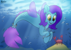 Size: 5000x3500 | Tagged: safe, artist:fluffyxai, imported from derpibooru, oc, oc only, oc:pearl seaswirl, crab, fish, sea pony, seapony (g4), accessories, accessory, bubble, clothes, crepuscular rays, cute, female, fin wings, fins, fish tail, flowing tail, jewelry, looking down, necklace, ocean, open mouth, pearl necklace, purple mane, see-through, signature, smiling, sunlight, swimming, tail, underwater, water, wings, yellow eyes