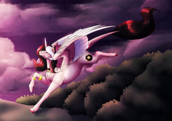 Size: 4961x3508 | Tagged: safe, artist:oneiria-fylakas, imported from derpibooru, alicorn, pony, cloud, female, mare, solo, two toned wings, wings