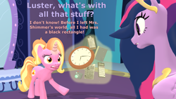 Size: 1920x1080 | Tagged: safe, artist:red4567, imported from derpibooru, luster dawn, twilight sparkle, alicorn, pony, unicorn, the last problem, 3d, atg 2021, book, calculator, camera, clipboard, clock, dialogue, female, implied smartphone, implied sunset shimmer, jewelry, levitation, looking at each other, magic, mare, mirror, newbie artist training grounds, newspaper, older, older twilight, princess twilight 2.0, regalia, source filmmaker, telekinesis, twilight sparkle (alicorn)