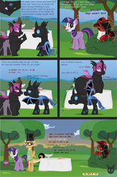 Size: 1419x2136 | Tagged: safe, artist:wheatley r.h., derpibooru exclusive, imported from derpibooru, twilight sparkle, oc, oc:lara, oc:myoozik the dragon, oc:red widow, oc:twi clown, oc:w. rhinestone eyes, changeling, dragon, pony, unicorn, comic:still hungry, bat wings, blue blush, blue changeling, blushing, cake, changeling oc, chocolate fountain, chunkling, clothes, clown makeup, clown nose, comic, cutie mark, cutie mark on clothes, fat, female, food, glasses, glowing horn, hat, holding a changeling, honeypot changeling, horn, magic, male, mare, middle finger, net, obese, open mouth, pink changeling, red nose, shirt, stallion, sunset, table, telekinesis, top hat, unicorn twilight, vector, vulgar, watermark, wings