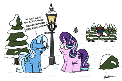 Size: 2411x1612 | Tagged: safe, artist:bobthedalek, imported from derpibooru, starlight glimmer, trixie, pony, unicorn, atg 2021, crossover, duo, duo female, female, implied shipping, implied starburst, implied straight, lamppost, looking at each other, mare, narnia, newbie artist training grounds, scrunchy face, snow, the chronicles of narnia, tree, wardrobe