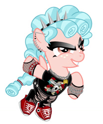 Size: 1092x1322 | Tagged: safe, artist:mylittlepastafarian, imported from derpibooru, cozy glow, pegasus, pony, 1000 years in photoshop, belt, chains, clothes, converse, ear piercing, earring, evil grin, eyeshadow, female, filly, fishnets, friendship is power, grin, hoof shoes, jewelry, lock, makeup, necklace, padlock, piercing, shirt, shoes, simple background, smiling, solo, spiked headband, t-shirt, white background