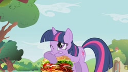 Size: 1280x720 | Tagged: safe, artist:heyitshayburgers, edit, edited screencap, imported from derpibooru, screencap, twilight sparkle, pony, unicorn, season 1, swarm of the century, burger, cheeseburger, episode needed, food, hamburger, lip bite, one eye closed, palindrome get, solo, twilight burgkle, unicorn twilight