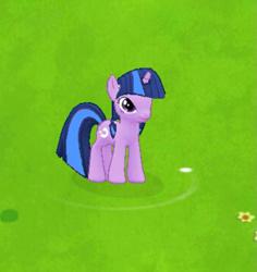 Size: 697x737 | Tagged: safe, imported from derpibooru, twilight sparkle, twilight twinkle, pony, unicorn, app, female, flower, game, gameloft, grass, mare, mobile game, smiling, solo, unicorn twilight, what if