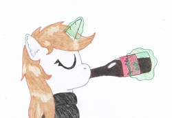 Size: 2483x1695 | Tagged: safe, artist:toshimatsu, imported from derpibooru, oc, oc only, oc:littlepip, pony, unicorn, fallout equestria, bottle, drinking, eyes closed, fanfic, fanfic art, female, glowing horn, horn, magic, mare, simple background, sparkle cola, telekinesis, traditional art, white background