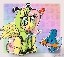 Size: 732x646 | Tagged: safe, artist:llametsul, imported from derpibooru, fluttershy, mudkip, pegasus, pony, antonymph, atg 2021, clothes, crossover, excited, fanart, female, floating heart, fluttgirshy, hairclip, heart, hoodie, newbie artist training grounds, nyan cat, open mouth, piercing, pokémon, signature, smiling, so i herd u liek mudkipz, starry eyes, vylet pony, wingding eyes, wings, zipper