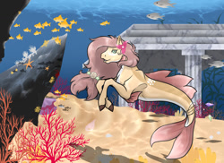 Size: 1024x745 | Tagged: safe, artist:pipsqueak09, imported from derpibooru, oc, oc only, fish, hippocampus, merpony, seapony (g4), starfish, coral, dorsal fin, fins, flower, flower in hair, flowing mane, flowing tail, ocean, open mouth, seaweed, smiling, solo, tail, underwater, water