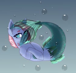 Size: 2264x2160 | Tagged: safe, artist:cherryrio, artist:evlass, imported from derpibooru, oc, oc only, hybrid, mermaid, merpony, sea pony, seapony (g4), blue eyes, bubble, clothes, dorsal fin, fins, fish tail, high res, looking at you, mermaidized, ocean, pink mane, see-through, simple background, solo, species swap, tail, underwater, water