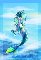 Size: 2037x2943 | Tagged: safe, artist:creativecocoacookie, imported from derpibooru, oc, oc only, merpony, seapony (g4), starfish, bubble, chest fluff, cloud, fins, fish tail, flowing tail, green mane, high res, looking at you, ocean, seapony oc, signature, sky, smiling, smiling at you, solo, sunlight, tail, water, yellow eyes