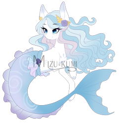 Size: 1533x1589 | Tagged: safe, artist:mikiadops, imported from derpibooru, oc, oc only, mermaid, merpony, auction, blue eyes, blue mane, deviantart watermark, dorsal fin, eyelashes, female, fish tail, flower, flower in hair, flowing mane, flowing tail, obtrusive watermark, simple background, smiling, solo, tail, transparent background, watermark