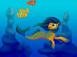 Size: 1153x869 | Tagged: safe, artist:bedupolker, imported from derpibooru, oc, oc only, fish, merpony, seapony (g4), blue mane, crepuscular rays, dorsal fin, fins, fish tail, flowing mane, flowing tail, looking up, ocean, open mouth, smiling, solo, sunlight, swimming, tail, underwater, water, yellow eyes