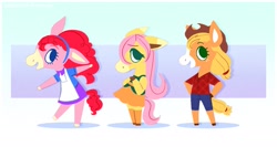 Size: 2153x1149 | Tagged: safe, artist:syrupyyy, imported from derpibooru, applejack, fluttershy, pinkie pie, anthro, donkey, earth pony, horse, pony, alternate hairstyle, animal crossing, applejack's hat, apron, blaze (coat marking), clothes, coat markings, colored hooves, cowboy hat, crossover, dress, facial markings, female, flannel, freckles, hairband, hat, markings, open mouth, shirt, shoes, shorts, skirt, snip (coat marking), socks, stockings, t-shirt, thigh highs, trio