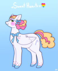 Size: 867x1056 | Tagged: safe, artist:greenarsonist, imported from derpibooru, oc, oc only, oc:sweet hearts💕, pegasus, pony, accessories, accessory, afro puffs, blushing, bow, ear piercing, earring, eyeshadow, heart, jewelry, makeup, pansexual, pansexual pride flag, pegasus oc, piercing, pride, pride flag, solo, unshorn fetlocks, wings