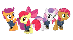 Size: 5360x3008 | Tagged: safe, artist:concordisparate, artist:dashiesparkle, artist:luckreza8, artist:ponygamer2020, imported from derpibooru, apple bloom, babs seed, scootaloo, sweetie belle, earth pony, pegasus, pony, unicorn, fallout equestria, one bad apple, absurd resolution, adorababs, adorabloom, apple bloom's bow, bow, clothes, cute, cutealoo, cutie mark, cutie mark crusaders, diasweetes, fallout, female, filly, group, hair bow, happy, jumpsuit, pipboy, simple background, smiling, the cmc's cutie marks, transparent background, vault suit, vector