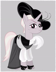 Size: 1788x2269 | Tagged: safe, artist:mylittlepastafarian, imported from derpibooru, zesty gourmand, pony, unicorn, 1000 years in photoshop, clothes, female, gray background, hat, lady dimitrescu, mare, pants, pinstripes, scarf, shirt, simple background, solo, sun hat