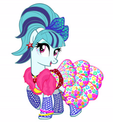 Size: 2028x2202 | Tagged: safe, artist:mylittlepastafarian, imported from derpibooru, sonata dusk, earth pony, pony, alternate hairstyle, bracelet, clothes, cute, disguise, disguised siren, ear piercing, earring, equestria girls ponified, eyeshadow, feather boa, female, fishnets, gem, high res, jewelry, makeup, mare, one hoof raised, open mouth, open smile, piercing, ponified, raised hoof, simple background, siren gem, skirt, smiling, solo, sonatabetes, white background