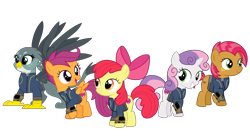 Size: 5360x3008 | Tagged: safe, artist:concordisparate, artist:dashiesparkle, artist:luckreza8, artist:ponygamer2020, artist:sonofaskywalker, imported from derpibooru, apple bloom, babs seed, gabby, scootaloo, sweetie belle, earth pony, griffon, pegasus, pony, unicorn, fallout equestria, one bad apple, the fault in our cutie marks, absurd resolution, adorababs, adorabloom, apple bloom's bow, bow, clothes, cute, cutealoo, cutie mark, cutie mark crusaders, diasweetes, fallout, female, filly, gabbybetes, group, hair bow, happy, jumpsuit, pipboy, simple background, smiling, the cmc's cutie marks, transparent background, vault suit, vector