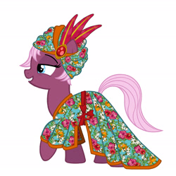 Size: 2040x2031 | Tagged: safe, artist:mylittlepastafarian, imported from derpibooru, jasmine leaf, earth pony, pony, 1000 years in photoshop, belt, clothes, dress, female, grin, high res, kaftan, mare, one hoof raised, raised hoof, simple background, smiling, solo, turban, white background