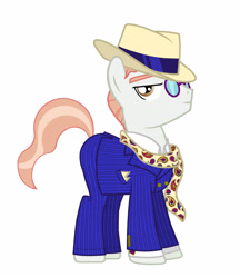 Size: 1869x2160 | Tagged: safe, artist:mylittlepastafarian, imported from derpibooru, svengallop, earth pony, pony, 1000 years in photoshop, alternate hairstyle, clothes, fedora, glasses, hat, male, pants, pinstripes, scarf, shirt, simple background, solo, stallion, suit, white background