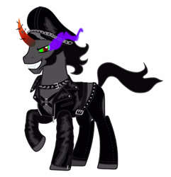 Size: 2232x2319 | Tagged: safe, artist:mylittlepastafarian, imported from derpibooru, king sombra, pony, unicorn, 1000 years in photoshop, belt, clothes, collar, evil grin, grin, hat, high res, jacket, leather jacket, leather pants, looking at you, male, one hoof raised, pants, raised hoof, simple background, smiling, smiling at you, solo, spiked collar, stallion, stupid sexy sombra, white background