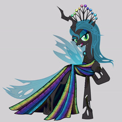 Size: 3424x3404 | Tagged: safe, artist:mylittlepastafarian, imported from derpibooru, queen chrysalis, changeling, changeling queen, 1000 years in photoshop, alternate hairstyle, bracelet, clothes, crown, dress, eyeshadow, female, gray background, high res, hoof on chest, jewelry, lidded eyes, looking at you, makeup, open mouth, open smile, raised hoof, regalia, simple background, smiling, smiling at you, solo