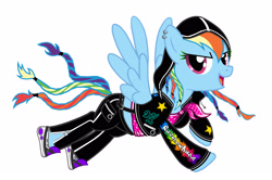 Size: 2577x1707 | Tagged: safe, artist:mylittlepastafarian, imported from derpibooru, rainbow dash, pegasus, pony, 1000 years in photoshop, alternate hairstyle, clothes, dreadlocks, ear piercing, earring, female, flying, jacket, jewelry, makeup, mare, mascara, open mouth, pants, piercing, shoes, simple background, sneakers, solo, tanktop, white background