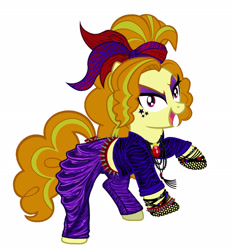 Size: 2013x2157 | Tagged: safe, artist:mylittlepastafarian, imported from derpibooru, adagio dazzle, pony, 1000 years in photoshop, alternate hairstyle, belt, bracelet, clothes, disguise, disguised siren, equestria girls ponified, eyeshadow, female, gem, high res, jewelry, makeup, mare, open mouth, pants, ponified, raised hoof, raised leg, shirt, simple background, siren gem, skirt, solo, spiked wristband, white background, wristband