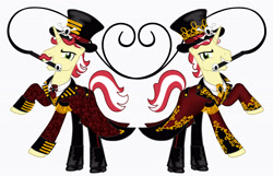 Size: 4443x2864 | Tagged: safe, artist:mylittlepastafarian, imported from derpibooru, flam, flim, pony, unicorn, 1000 years in photoshop, boots, brothers, clothes, coat, duo, duo male, facial hair, flim flam brothers, grin, hat, high res, looking at you, male, moustache, necktie, pants, shirt, shoes, siblings, simple background, smiling, smiling at you, stallion, tearing, top hat, twins, whip, white background