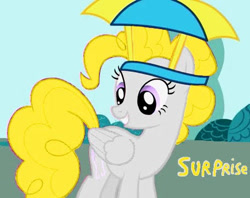 Size: 454x360 | Tagged: safe, edit, imported from derpibooru, surprise, pegasus, pony, 2009, female, g4, hat, looking down, mare, recolor, show bible, show pilot, smiling, solo, umbrella, umbrella hat, wings