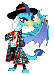 Size: 1764x2456 | Tagged: safe, artist:mylittlepastafarian, imported from derpibooru, princess ember, dragon, bracelet, choker, clothes, cowboy hat, dragoness, eyeshadow, female, hat, jacket, jeans, jewelry, kimono (clothing), makeup, midriff, necklace, pants, piercing, ring, ripped jeans, ripped pants, simple background, skinny jeans, solo, stetson, sunglasses, tassels, top, torn clothes, white background, wing piercing