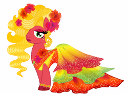 Size: 3660x2748 | Tagged: safe, artist:mylittlepastafarian, imported from derpibooru, big macintosh, earth pony, pony, alternate hairstyle, clothes, crossdressing, drag queen, dress, eyeshadow, flower, flower in hair, freckles, high res, lipstick, makeup, male, orchard blossom, simple background, solo, stallion, white background