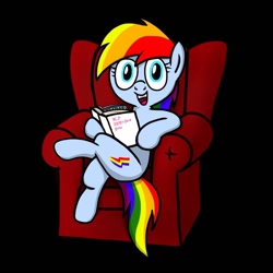 Size: 1024x1024 | Tagged: safe, artist:petirep, edit, editor:pagiepoppie12345, imported from derpibooru, rainbow dash, pegasus, pony, rainbow dash presents, book, chair, eye color change, looking at you, old cutie mark, show bible, sitting