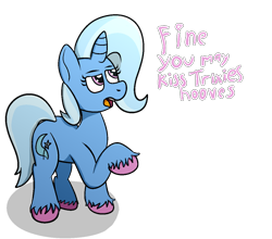 Size: 2400x2110 | Tagged: safe, artist:xppp1n, imported from ponybooru, trixie, pony, unicorn, dialogue, female, lidded eyes, mare, open mouth, raised hoof, raised leg, solo, talking to viewer, text, unshorn fetlocks