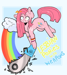 Size: 2000x2256 | Tagged: safe, artist:n-unji, pinkie pie, earth pony, pony, chainsaw, female, image, lesbian, pinkamena diane pie, png, rainbow, solo