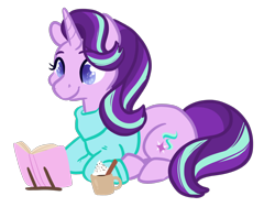 Size: 1280x960 | Tagged: safe, artist:howdyhorsey, imported from derpibooru, starlight glimmer, pony, unicorn, book, clothes, lying down, prone, solo, sweater