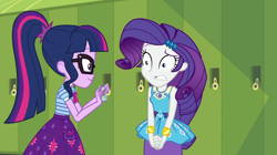 Size: 1920x1075 | Tagged: safe, imported from derpibooru, screencap, rarity, sci-twi, twilight sparkle, equestria girls, equestria girls series, holidays unwrapped, spoiler:eqg series (season 2), o come all ye squashful, rarity peplum dress