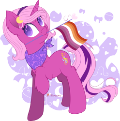 Size: 6987x7031 | Tagged: safe, artist:illumnious, imported from derpibooru, oc, oc only, oc:flares midnight, pony, unicorn, absurd resolution, bandana, female, headband, lesbian pride flag, looking up, mare, mouth hold, pride, pride flag, simple background, solo, transparent background, vector