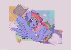 Size: 3423x2404 | Tagged: safe, artist:lexiedraw, imported from derpibooru, rainbow dash, pegasus, pony, book, female, flying, mare, open mouth, solo, stars