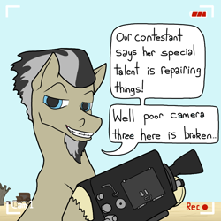 Size: 800x800 | Tagged: safe, artist:autumnbramble, imported from twibooru, oc, oc:viewer discretion, pony, comic:please i dont want to die, fallout equestria, camera, camera shot, comic, image, male, png