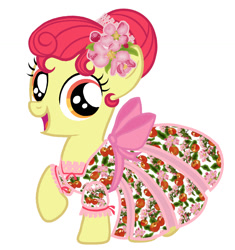 Size: 1086x1156 | Tagged: safe, artist:mylittlepastafarian, imported from derpibooru, apple bloom, earth pony, pony, alternate hairstyle, clothes, dress, ear piercing, earring, female, filly, flower, flower in hair, jewelry, open mouth, piercing, raised hoof, simple background, solo, white background