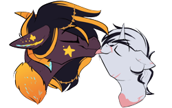 Size: 1700x1069 | Tagged: source needed, safe, artist:beardie, imported from derpibooru, oc, oc:season's greetings, oc:yiazmat, draconequus, unicorn, bust, couple, draconequus oc, eyes closed, female, horn, kissing, licking, male, oc x oc, shipping, simple background, straight, tongue out, transparent background, unicorn oc