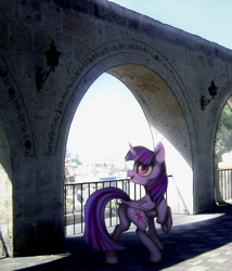 Size: 1024x1195 | Tagged: safe, artist:zetamad, imported from derpibooru, twilight sparkle, alicorn, pony, archway, city, irl, looking back, newbie artist training grounds, photo, ponies in real life, solo, twilight sparkle (alicorn)